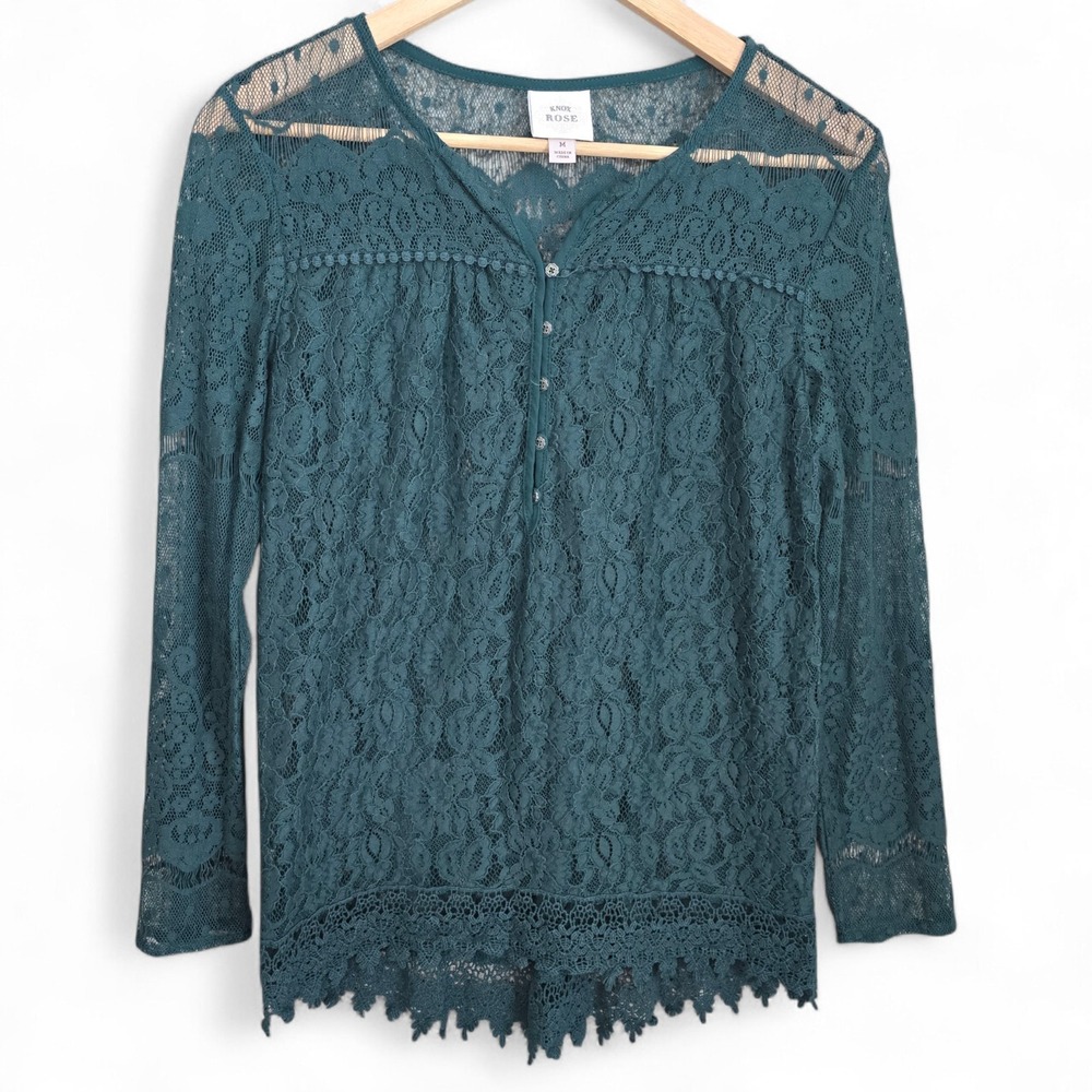 Knox Rose Top Womens Medium Green Lace Long Sleeve Blouse Sheer Boho Casual